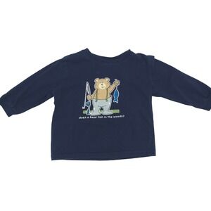 Vintage Simply Basic Boys Fishing Bear Graphic Long Sleeve Navy Tee Size 24M